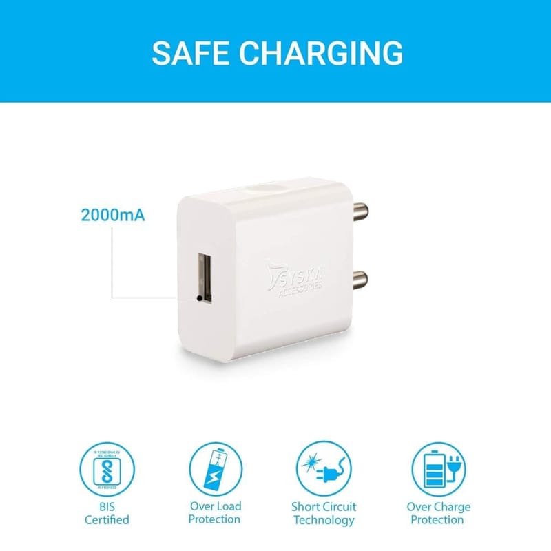 Syska Wc-2A Single Port 10Watt 2Amp White Mobile Charger With Detachable Cable