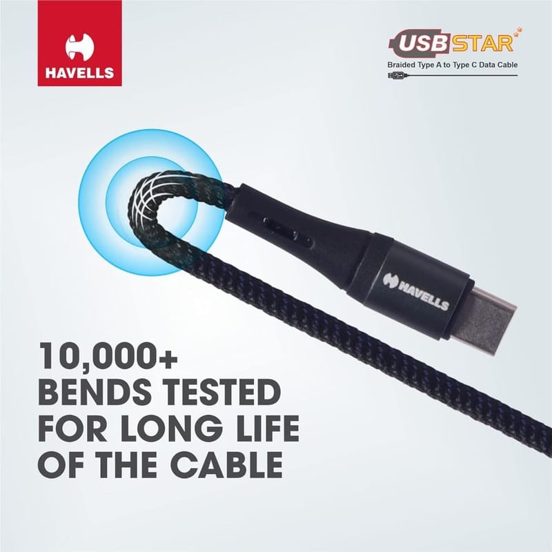 Havells Usb Star 65Watt 6Amp Type-A To Type-C Black Braided Data Cable