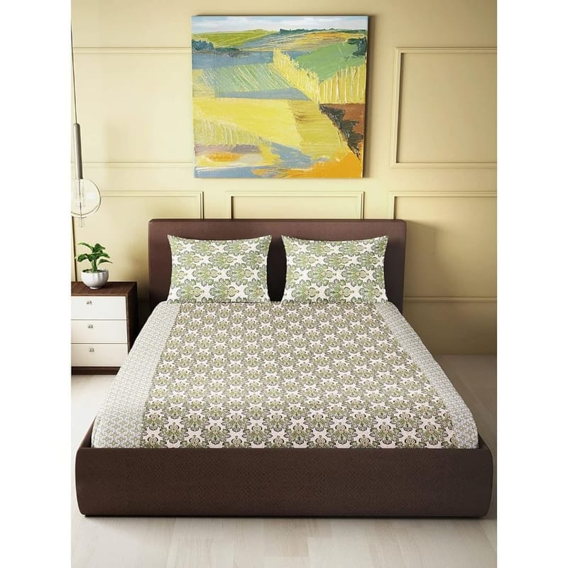 Soulful Threads Sonet Green & Blue 180 Tc Cotton Double Bedsheet With 2 Pillow Covers